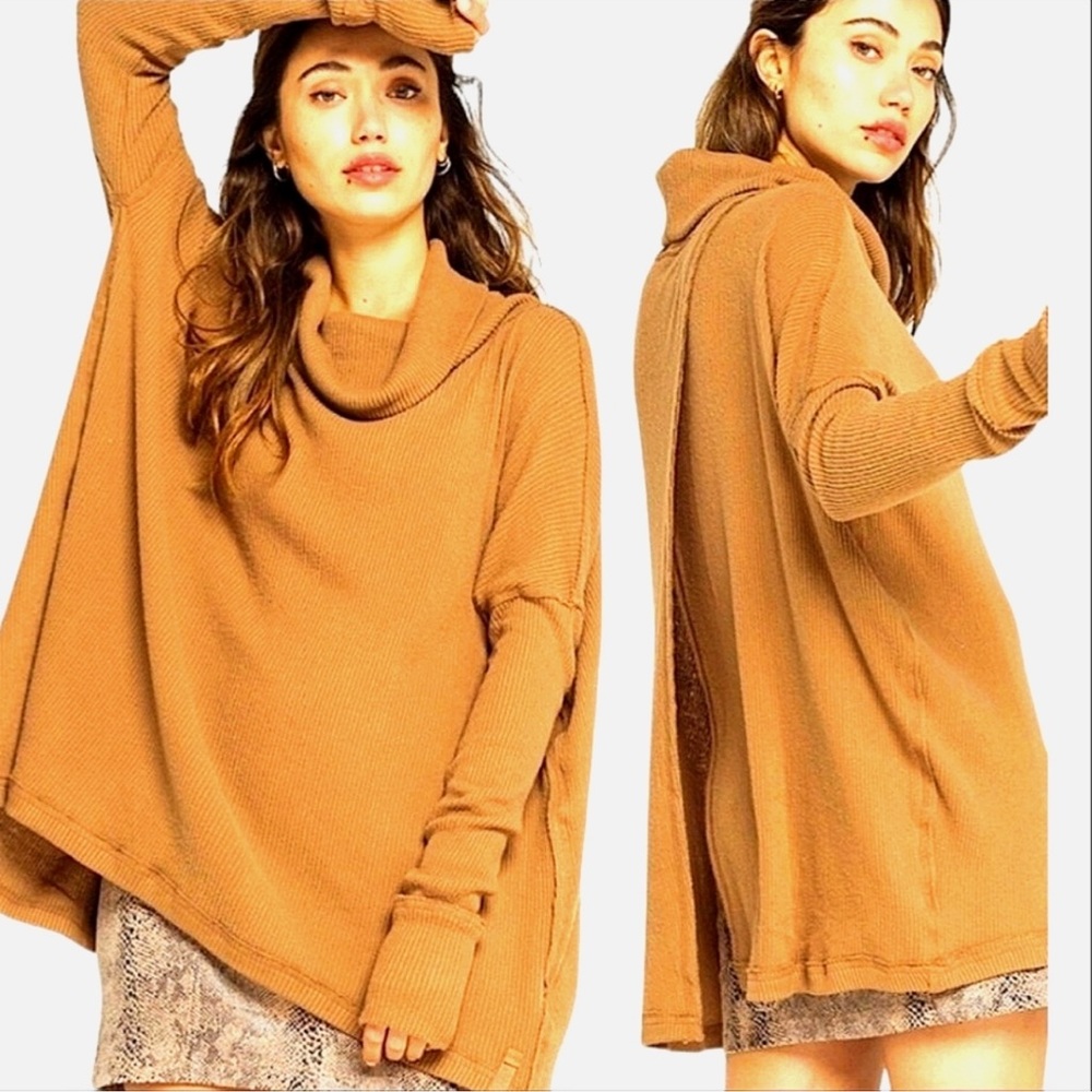Free People Waffle Top Women Canyon Moon Cowl Neck Split Back NWT Size Small
